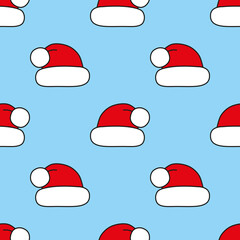 Seamless vector pattern. Red Christmas hats on blue. Christmas background for festive designs, textile print, wrapping, paper decorations, decors, banners, cards, and invitations.