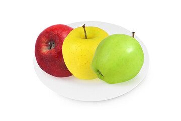 Yellow, red and green apple on a white plate on an isolated white background.