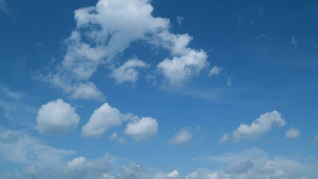 Blue sky with white cumulus and cirrus on different layers clouds. Sunny background, blue sky with white cirrus clouds. Timelapse.