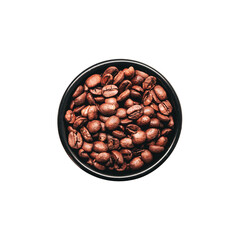 Minimalist Coffee black cup with brown beans on top with transparent background. Beans on top feeling the pure aroma of taste. Coffee shop feeling. Caffeine only.