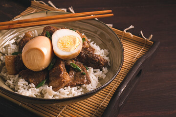 stewed eggs, with pork belly, and rice, chinese food, homemade, selective focus, rustic, no people,