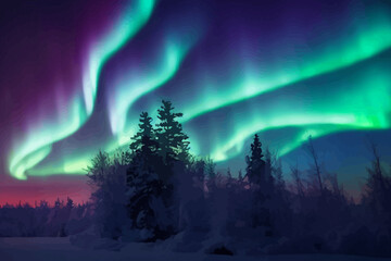 the aurora northern lights flicker in the winter night. - obrazy, fototapety, plakaty