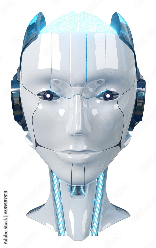Poster white and blue female cyborg robot head isolated. 3d rendering of humanoid face on transparent backg