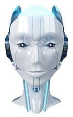 White and blue female cyborg robot head isolated. 3d rendering of humanoid face on transparent background - obrazy, fototapety, plakaty