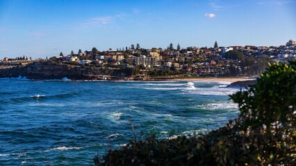 Naklejka premium bondi beach in sydney at sunset, panorama of the famous australian surfers' beach