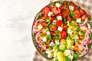 Cobb salad, keto food, top view, no people, close-up,