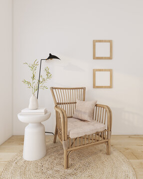 home interior with rattan armchair ,indoor plant , floor lamp,rattan carpet,book , cream color  fabric and wood empty frame,cozy home decorate 3d render background in relax area