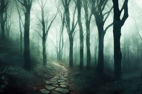 a pathway between trees leading into a dark and misty fog