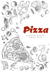 Pizza line banner. Engraved style doodle background. Savoury pizza ads. Tasty banner for cafe, restaurant or food delivery service