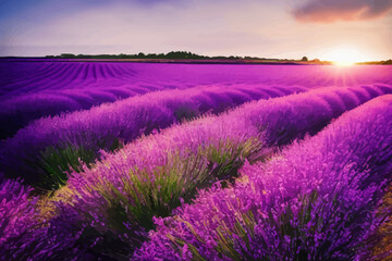 Naklejka na ściany i meble a vivid purple blooming lavender field in summer
