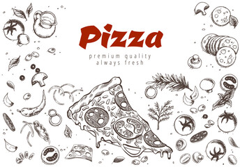 Pizza line banner. Engraved style doodle background. Savoury pizza ads. Tasty banner for cafe, restaurant or food delivery service