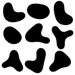 Random shape. Irregularly shaped black lumps. Abstract blotches, ink blotches and pebbles silhouette, simple liquid amorphous splodge elements water shape creative minimal bubbles rock vector set.