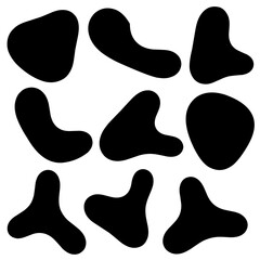 Random shape. Irregularly shaped black lumps. Abstract blotches, ink blotches and pebbles silhouette, simple liquid amorphous splodge elements water shape creative minimal bubbles rock vector set.
