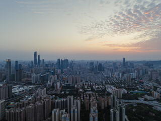 Aerial sunset view of Guangzhou, China. CBD landscapse