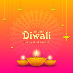 Shubh Diwali (Happy Diwali) Festival of light greeting card Vector illustration. Diya lamp on gradient background.
