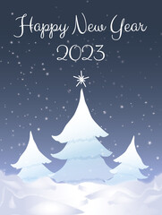 Happy new year  2023- décor hiver,  sapins dans la neige nuit étoilée