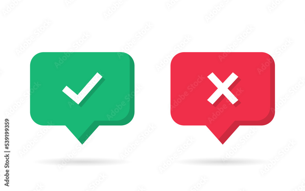 Poster check and cross in speech bubble in a flat design with shadow