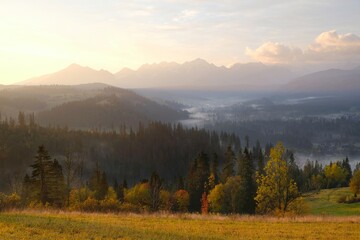 Fototapeta na wymiar Magical sunrise in a mountain valley in autumn scenery. Flowing mists lit by the sun. Tatry mountains on horizon. Around Poronin, Podkarpacie, Poland