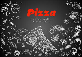 Hand drawn pizza line banner. Engraved style chalk doodle background. Savoury pizza ads. Tasty banner for cafe, restaurant or food delivery service - obrazy, fototapety, plakaty
