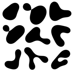 Random shape. Irregularly shaped black lumps. Abstract blotches, ink blotches and pebbles silhouette, simple liquid amorphous splodge elements water shape creative minimal bubbles rock vector set.