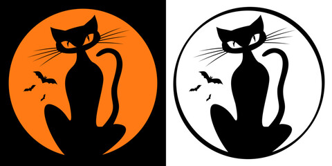 Black cat and bats silhouettes on the full moon background. Vector on black and transparent background