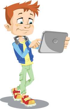 Boy using tablet.
Color vector illustration of a cartoon smiling teen boy using a computer tablet.
