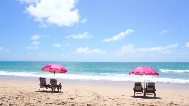 beach chairs and umbrella on the beach. Seashore Beach Nature concept with copy space.