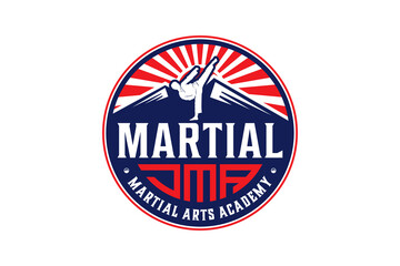 Martial art logo badge style ap chagi dollyo chagi mountain and sunset element rounded shape