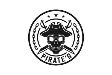 Pirate head skull logo design with hat cowboy and swordcross rounded shape illustration silhouette vector