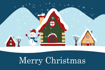 Vector greeting card or banner Merry Christmas. Winter house green in snow.