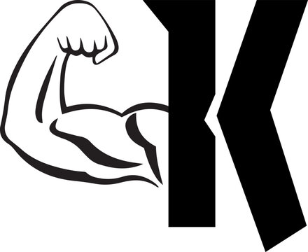 Letter K Logo With muscular open bicep shape. Fitness Gym logo.