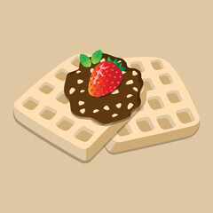 Delicious waffle with peanut and strawberry chocolate topping