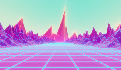 Retro sci-fi wireframe landscape. 3D rendering.