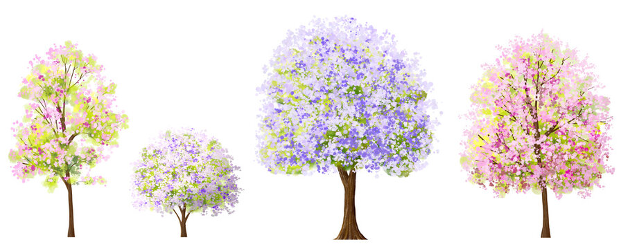 watercolor blooming flower tree or forest side view isolated on white background for landscape and architecture drawing,elements for environment or and garden,botanical for section in spring
