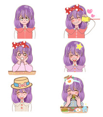 Emoticon icons set of cute girl with various emotions, emoji, facial, feeling, mood, personality  PNG