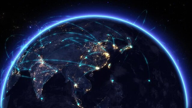 Beautiful Rotating Earth With Network Connections and Fiber Optic Lines. Transfer 5G Web Communications Signals With Lines And Dots. 3D Animation Futuristic Holographic. Augmented Reality. IOT. Asia.
