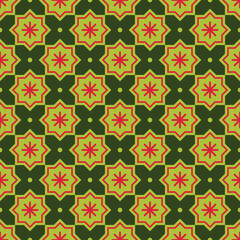 Christmas abstract pattern. Bright seamless pattern with stars and snowflakes on a background. Geometric simple festive texture. Mosaic plaid. Checkered vector illustration. Red, dark green, green.