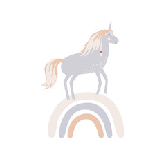 Cute unicorn standing on a rainbow. Nursery vector illustration for t-shirt design, nursery for kids in boho style