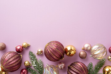 Christmas concept. Top view photo of pine branches in snow pink transparent and gold baubles on isolated pastel violet background with copyspace