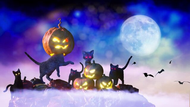 halloween background with cats and pumpkins 3d render