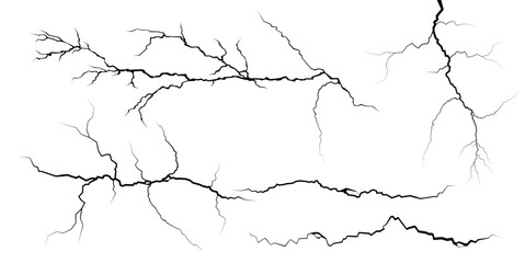 Surface cracks and fissures in ground, concrete, crevices from disaster top view. Breaks on land surface from earthquake isolated on white background. Broken ground, wall, glass pattern effect. Damage