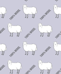 Obraz na płótnie Canvas Sheep pattern. White sheeps and writing on lilac background