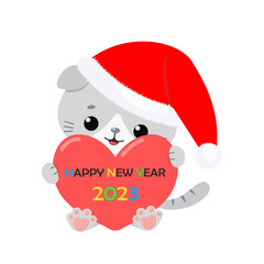 Cute cat in Christmas hat with heart sign. Happy New Year. 2023. Cartoon flat style. Vector illustration