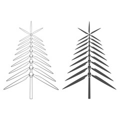 Set of black and white illustrations with Christmas tree made of propellers, windmill blades, wind turbine. Isolated vector objects on white background. - 539205369