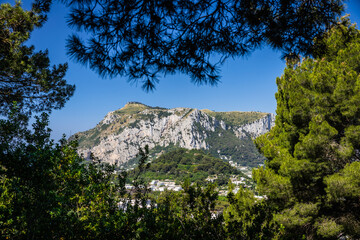 Mount Solaro on the Island of Capri framed by vegetation on a bright sunny day.