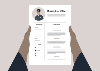 A police officer job application, a CV template, a young character wearing a uniform