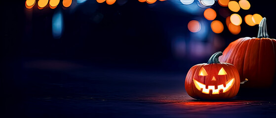 Cut out Halloween Pumpkin glowing at night with blurry lights in dark background