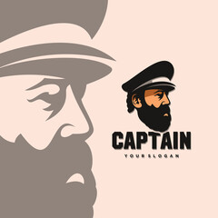 Bearded ship captain or skipper with crest hat for nautical logo design for sailors