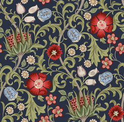 Floral seamless pattern with field of flowers on dark blue background. Vector illustration. - 539205995