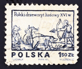 Postage stamp 'Hunter with bow and arrow' printed in Poland. Series: 'Designs from 16th century woodcuts', 1974